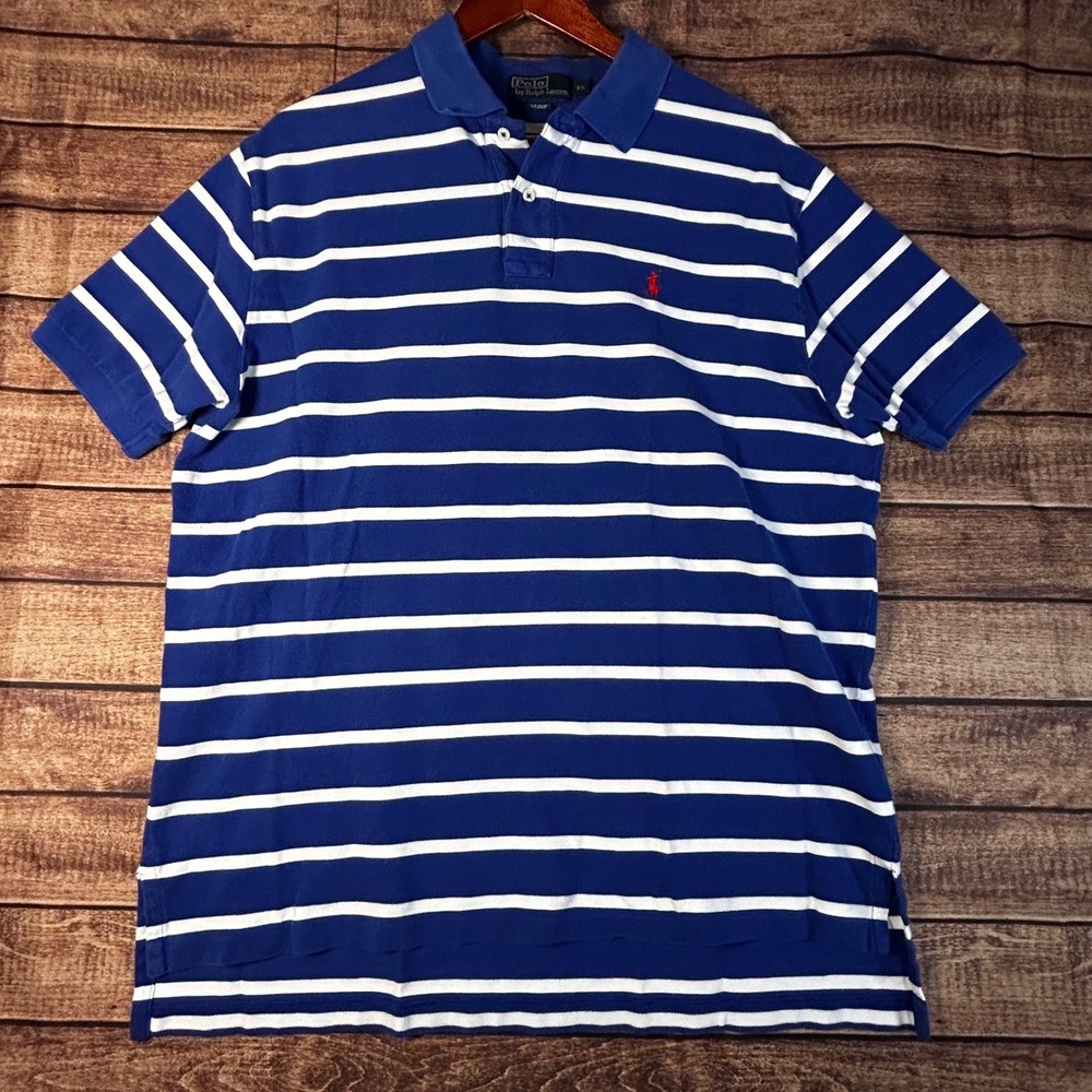 Polo Ralph Lauren Mens XL Blue White Striped Short Sleeve Cotton Shirt Red Pony